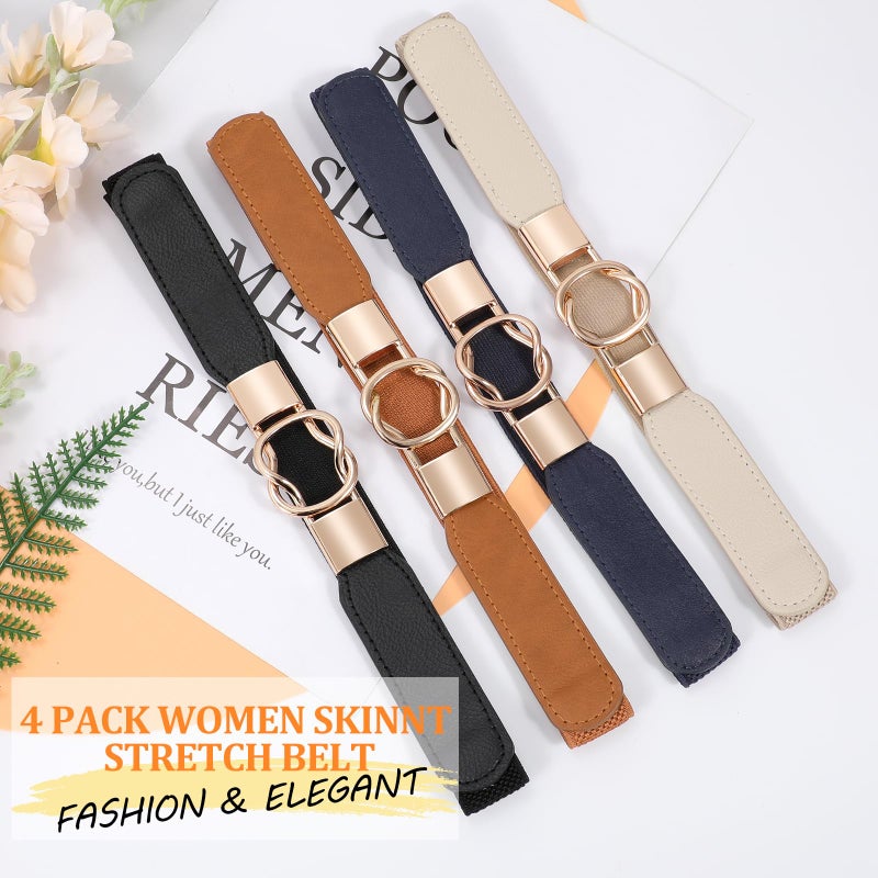 WERFORU Women Skinny Belt for Dresses Retro Stretch Waist Belt with Gold Buckle Set of 4,Black+Brown+Blue+Beige - Image 2